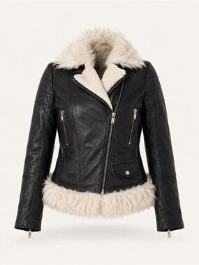 Tasha Tarno Black Leather Shearling-Trim Moto Jacket – Size M
